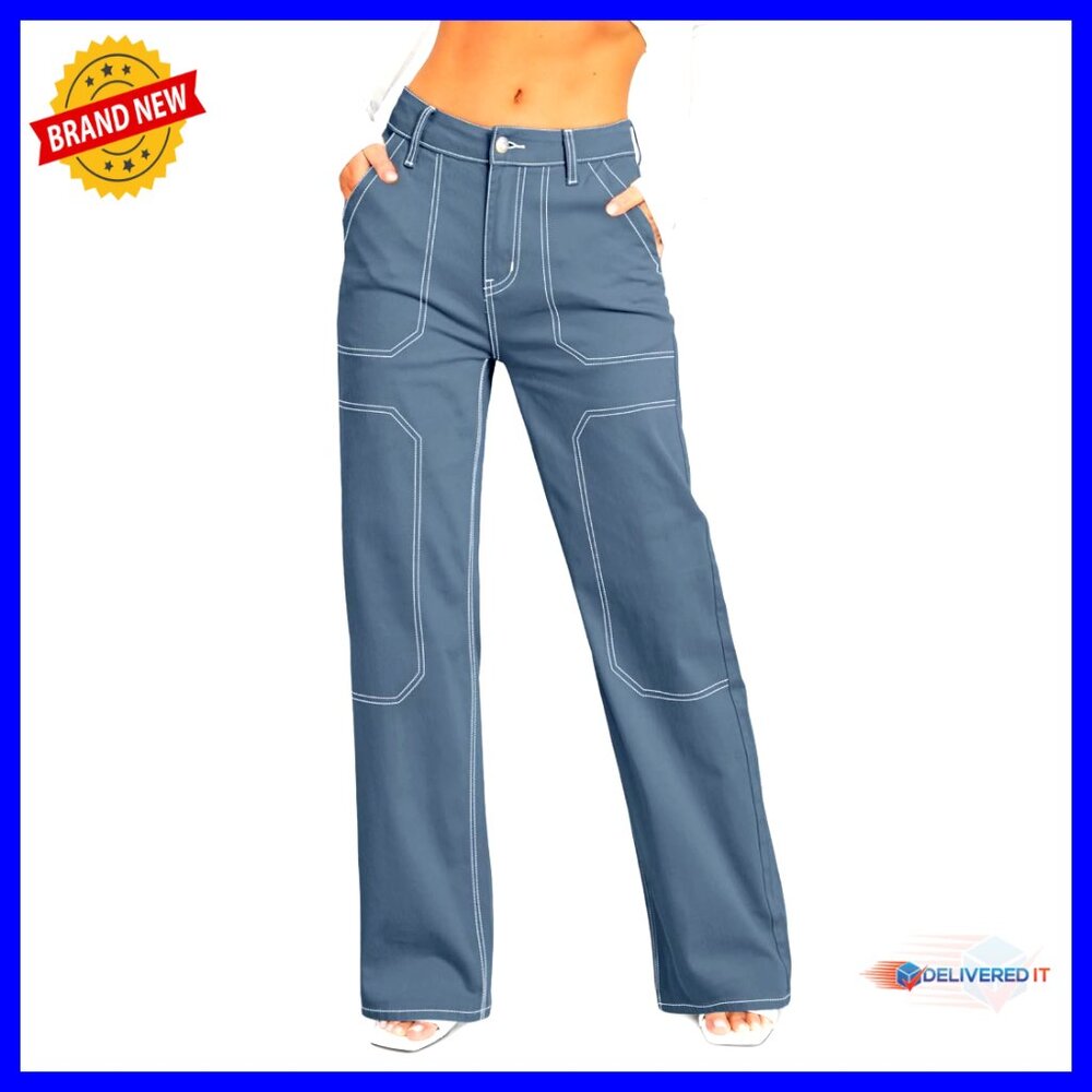 Casual Mid Waist Cargo Jeans Stretch Denim Wide Leg Pants Y2k Chic